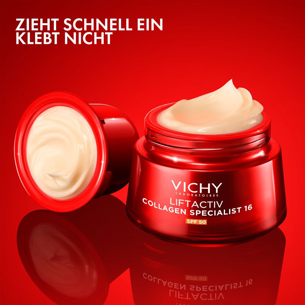 Rote Dose mit Creme. Vichy Liftactiv Collagen Specialist 16 SPF50. Zieht schnell ein, klebt nicht.