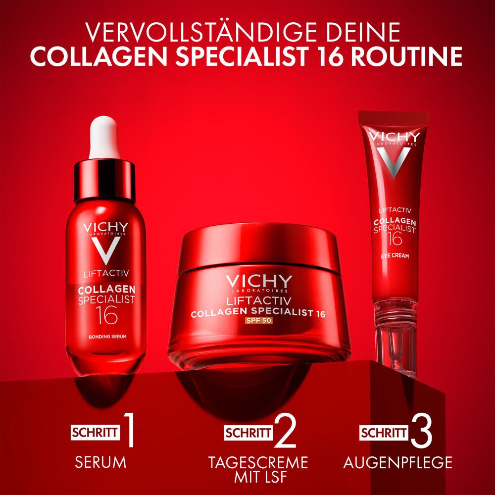 Drei Produkte. Vichy Liftactiv Collagen Specialist 16 Serum, Tagescreme LSF50, Augenpflege. Schritt 1-3.