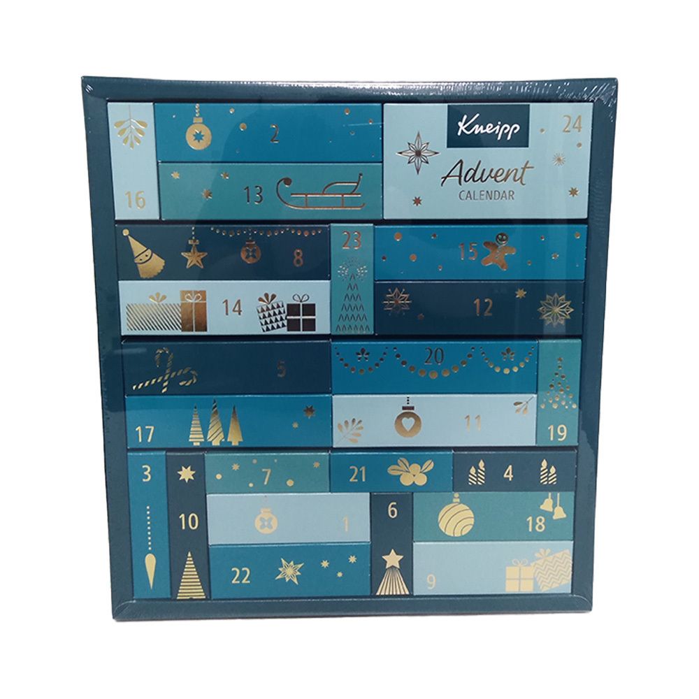 Adventskalender mit 24 Türchen. Türkis-blaue Box mit goldenen Verzierungen und Zahlen. Marke Kneipp.
