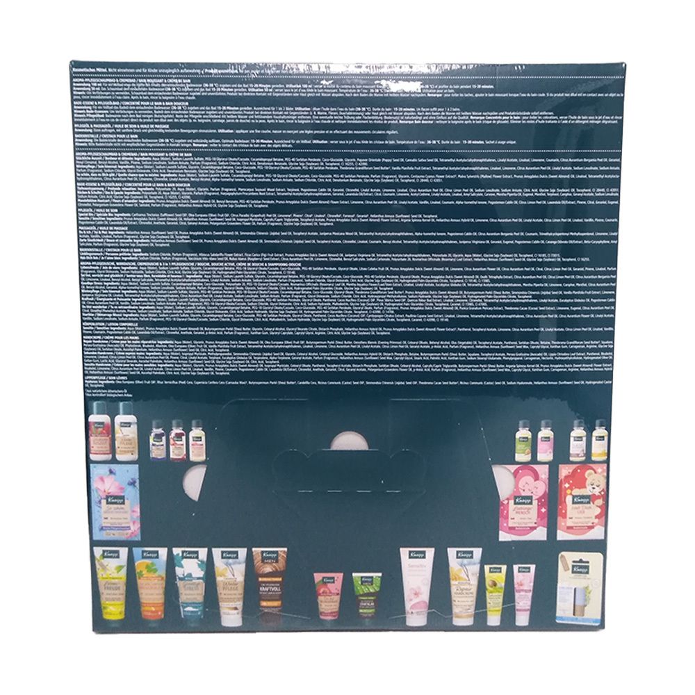 Rückseite des Adventskalenders. Text in mehreren Sprachen. Kleine Produktabbildungen unten.