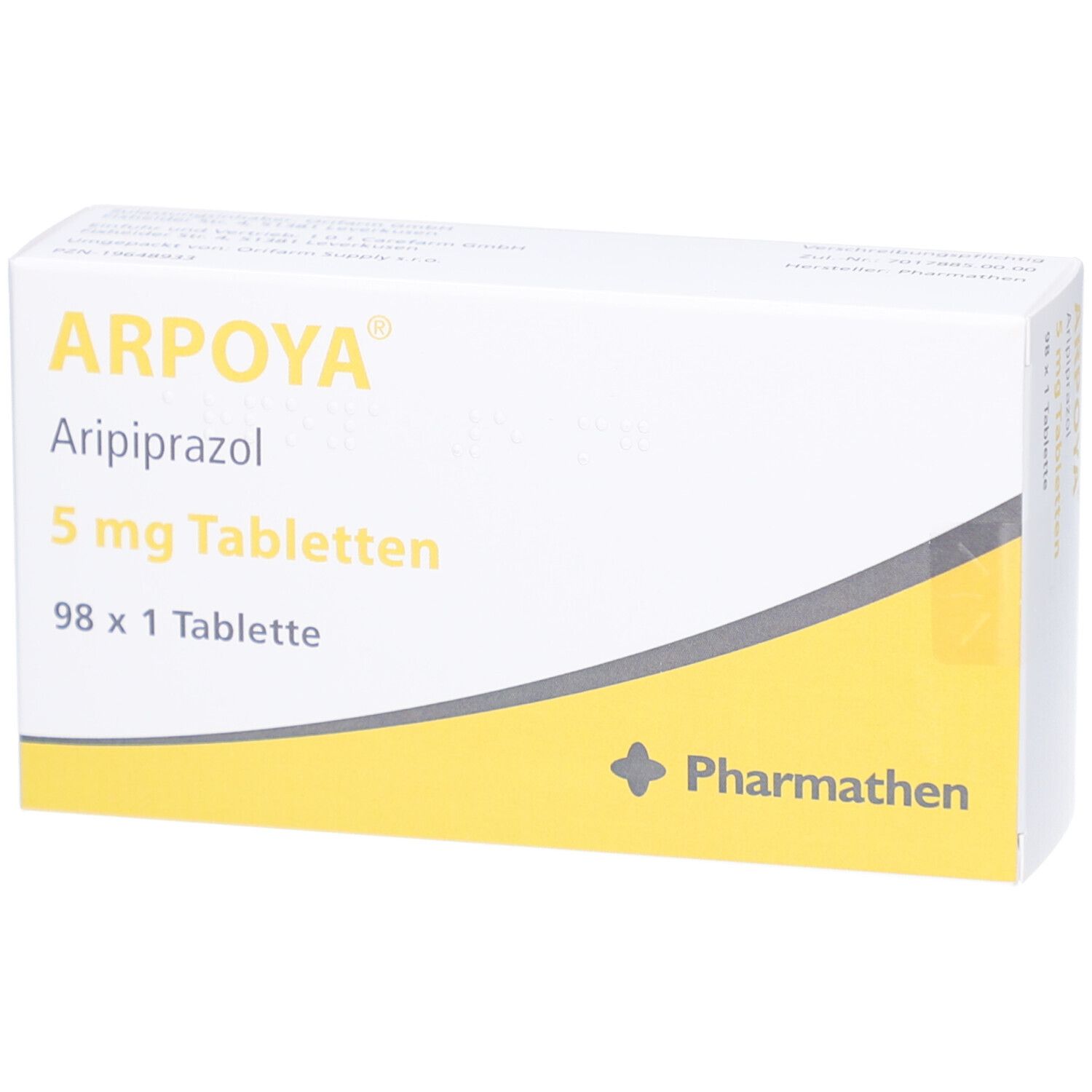 Schachtel mit ARPOYA 5 mg Tabletten. Aufschrift: Aripiprazol, 5 mg Tabletten, 98 x 1 Tablette. Logo Pharmathen.