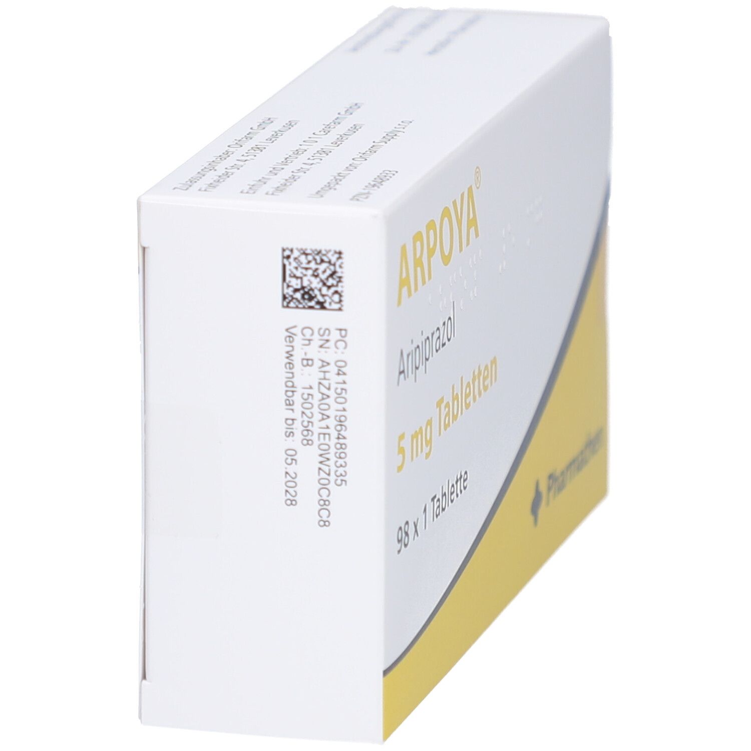 Seitenansicht der Schachtel mit ARPOYA 5 mg Tabletten. Aufschrift: Aripiprazol, 5 mg Tabletten, 98 x 1 Tablette. QR-Code.