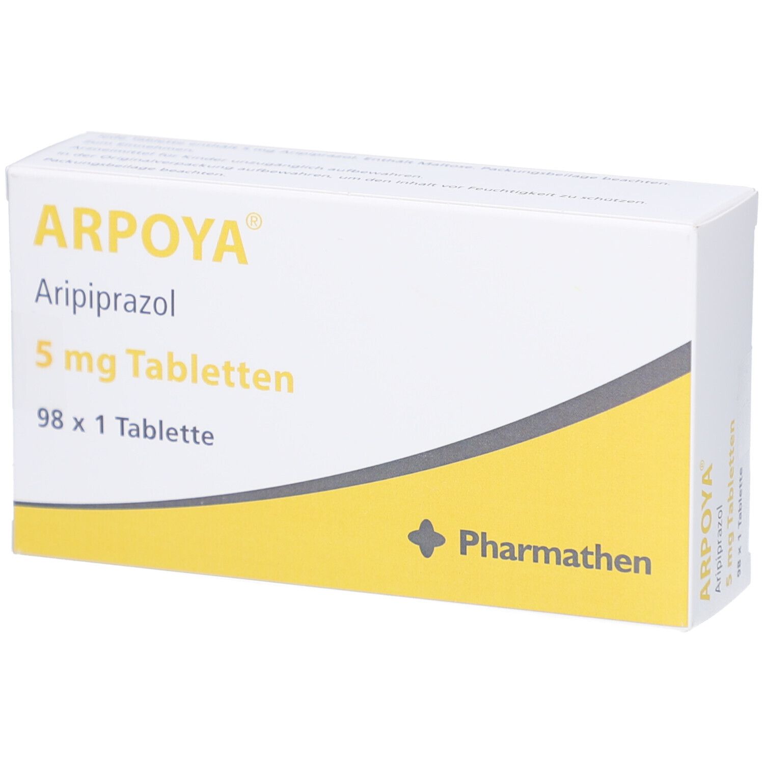 Schachtel mit ARPOYA 5 mg Tabletten. Aufschrift: Aripiprazol, 5 mg Tabletten, 98 x 1 Tablette. Logo Pharmathen.