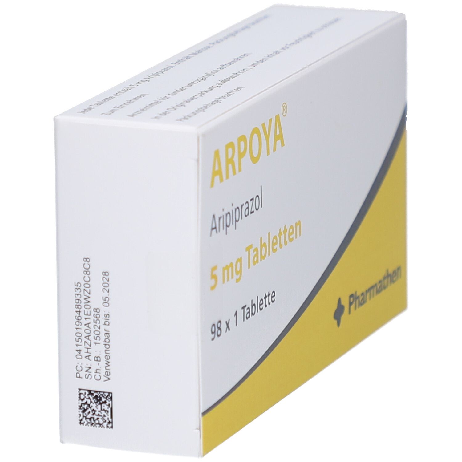 Seitenansicht der Schachtel mit ARPOYA 5 mg Tabletten. Aufschrift: Aripiprazol, 5 mg Tabletten, 98 x 1 Tablette. QR-Code.
