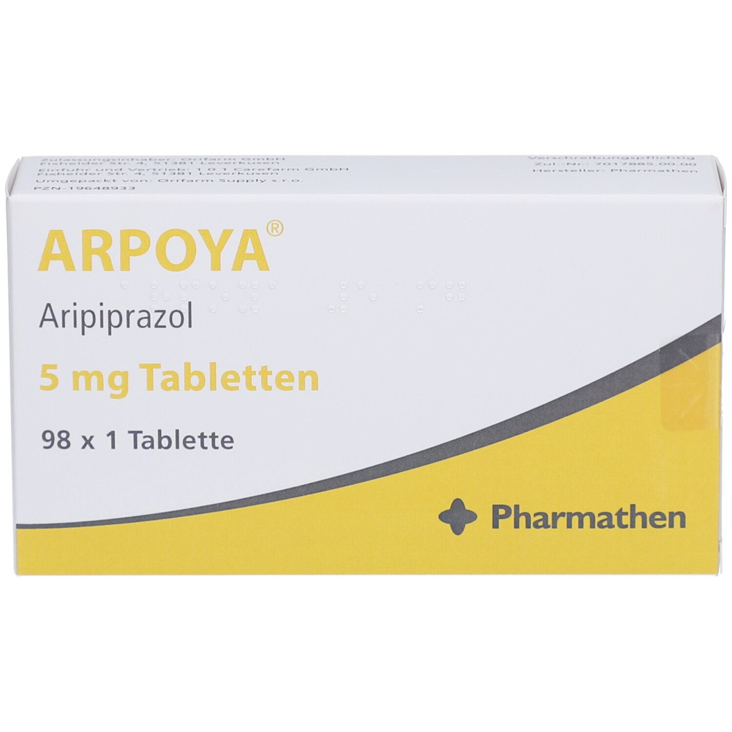 Schachtel mit ARPOYA 5 mg Tabletten. Aufschrift: Aripiprazol, 5 mg Tabletten, 98 x 1 Tablette. Logo Pharmathen.