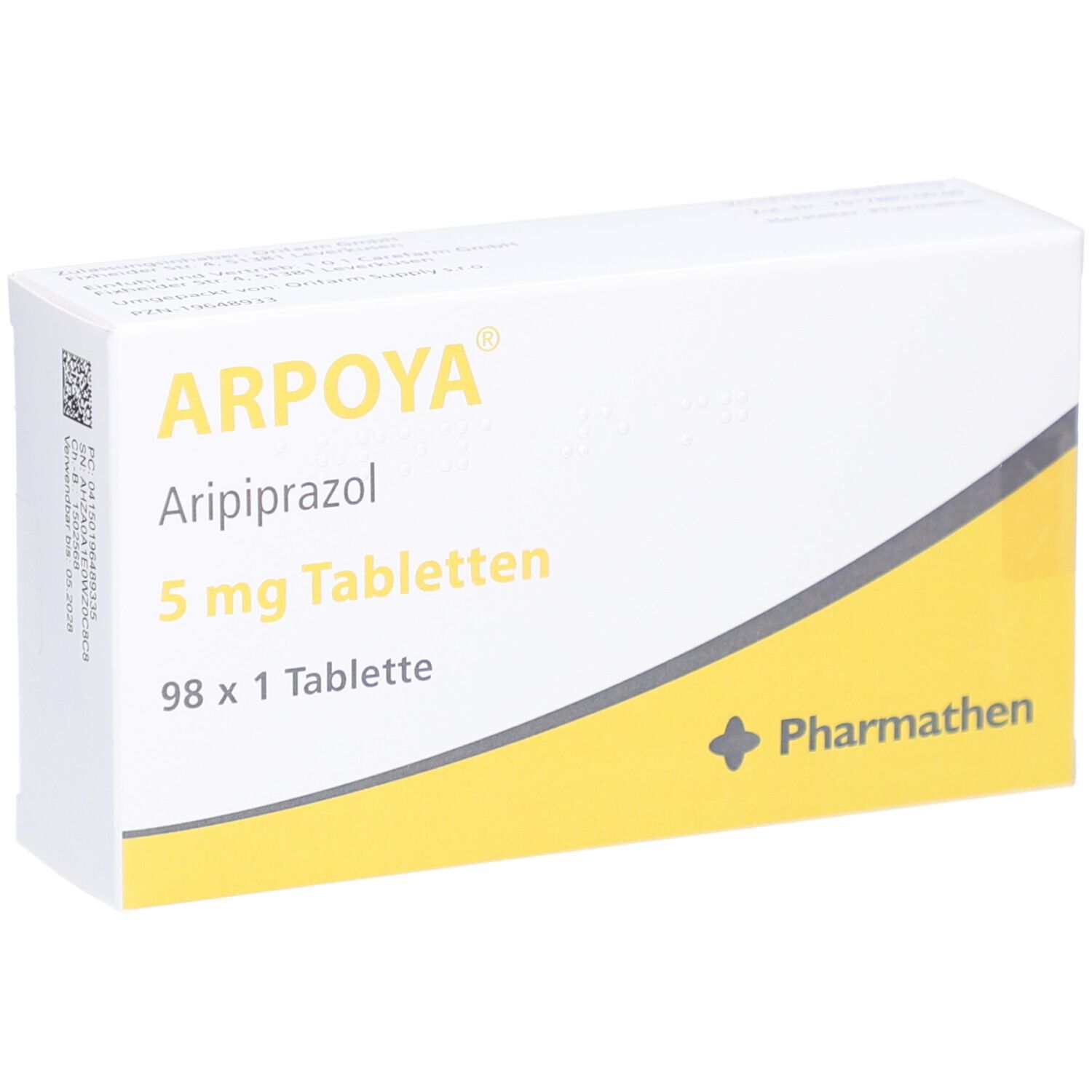 Schachtel mit ARPOYA 5 mg Tabletten. Aufschrift: Aripiprazol, 5 mg Tabletten, 98 x 1 Tablette. Logo Pharmathen.