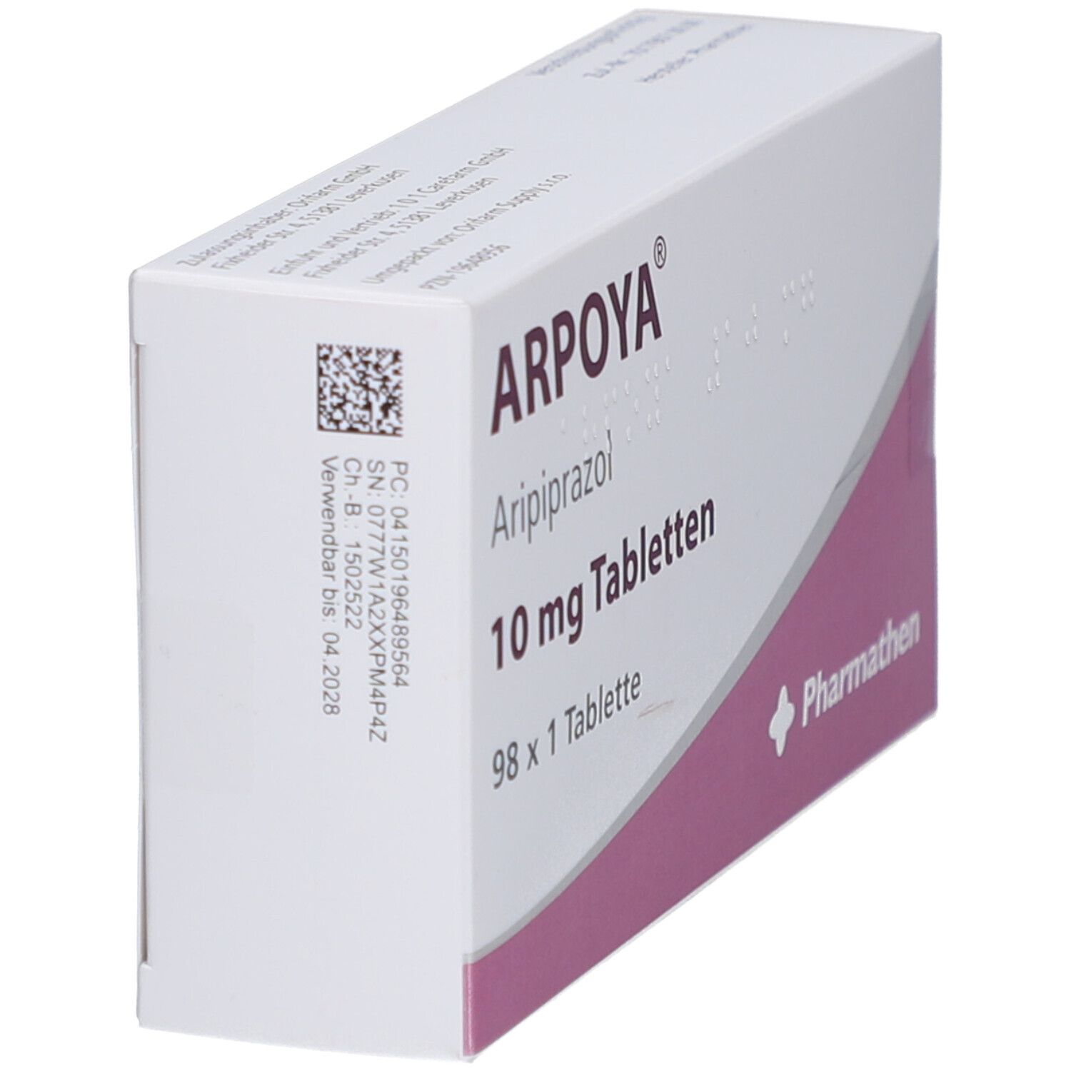 Schachtel ARPOYA 10 mg Tabletten. Aufschrift: Aripiprazol, 98 x 1 Tablette. Logo Pharmathen. Rosa und weiße Verpackung. Seitenansicht.