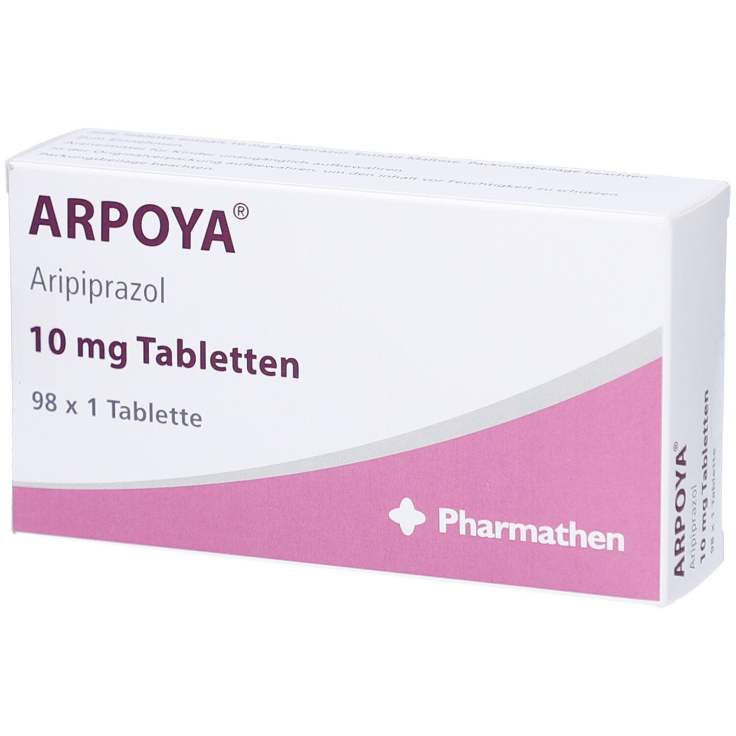 Schachtel ARPOYA 10 mg Tabletten. Aufschrift: Aripiprazol, 98 x 1 Tablette. Logo Pharmathen. Rosa und weiße Verpackung.