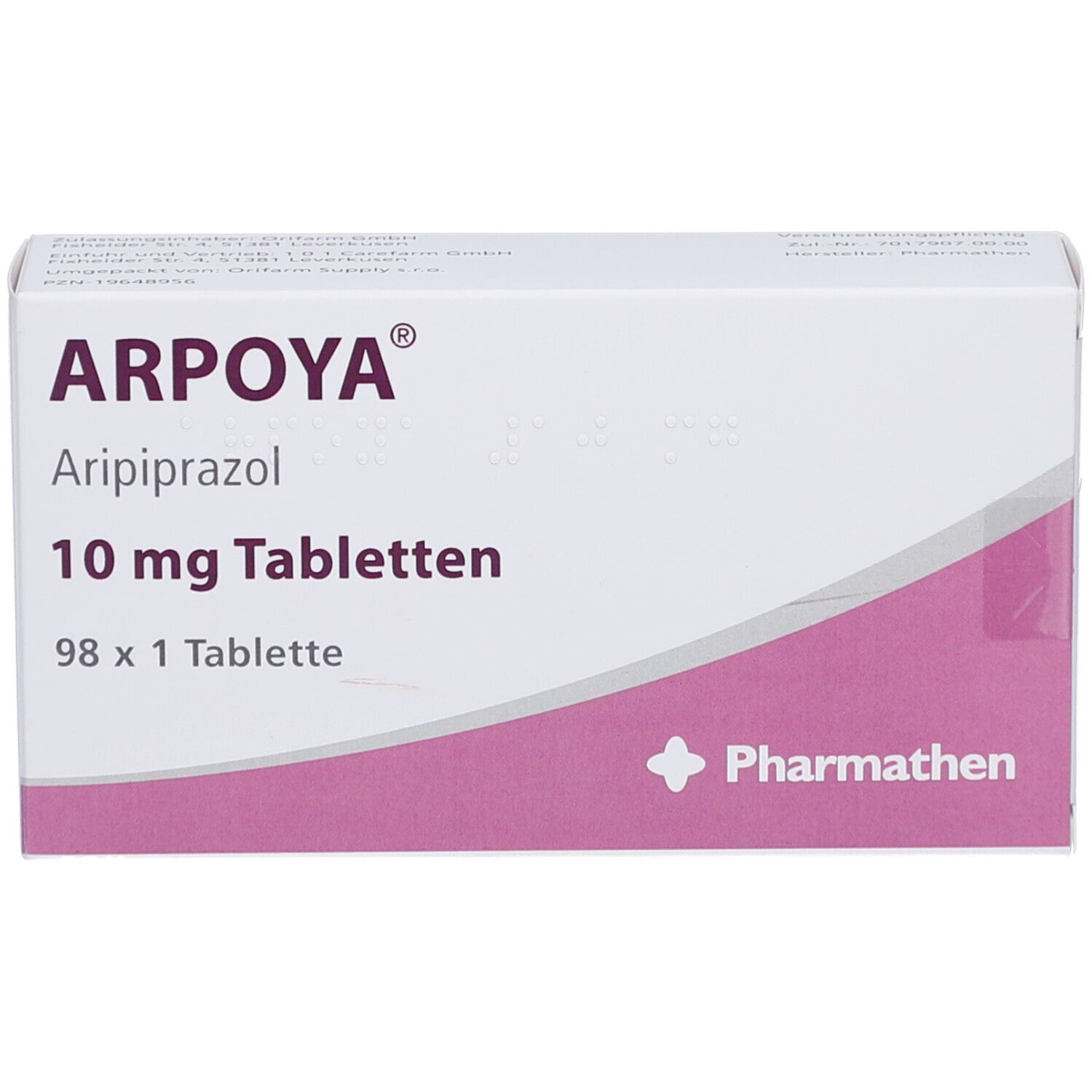 Schachtel ARPOYA 10 mg Tabletten. Aufschrift: Aripiprazol, 98 x 1 Tablette. Logo Pharmathen. Rosa und weiße Verpackung.