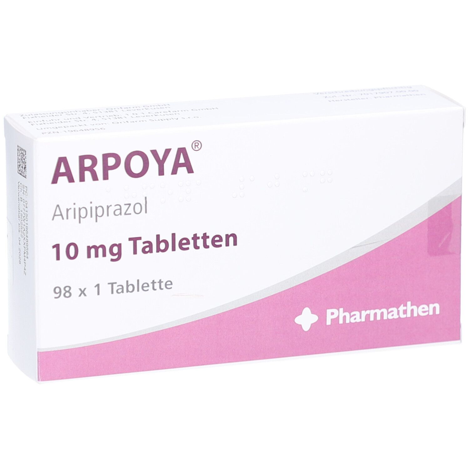 Schachtel ARPOYA 10 mg Tabletten. Aufschrift: Aripiprazol, 98 x 1 Tablette. Logo Pharmathen. Rosa und weiße Verpackung.