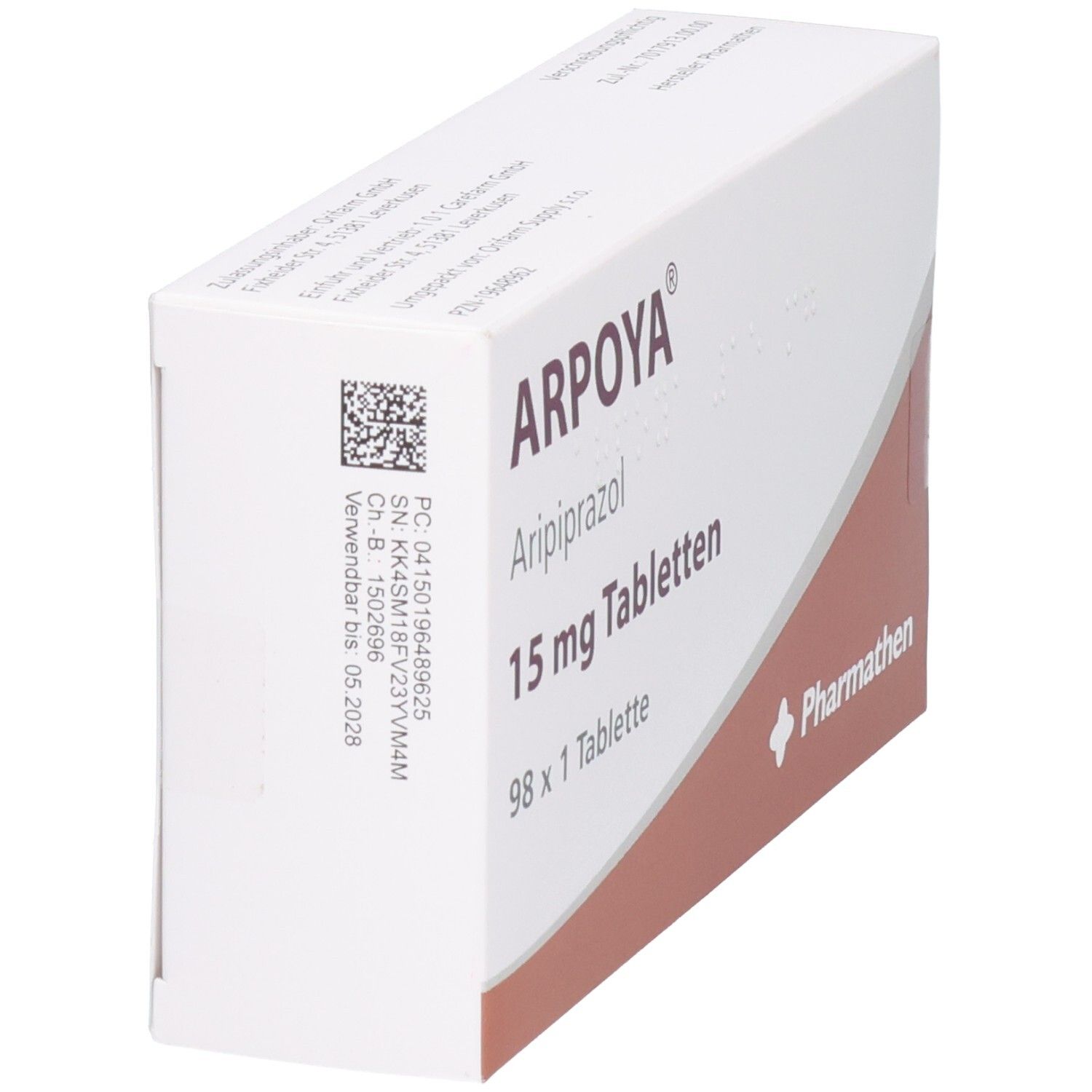 ARPOYA Aripiprazol 15 mg Tabletten, 98 x 1 Tablette. Pharmathen. Verfallsdatum 05.2028.