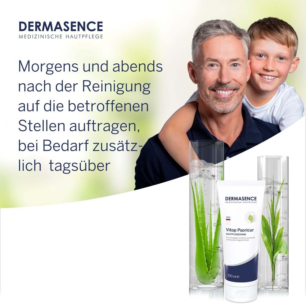 Mann und Kind mit Dermasence Vitop Psoricur Akutpflegecreme und Pflanzen in Glas. Text: Morgens und abends auftragen.