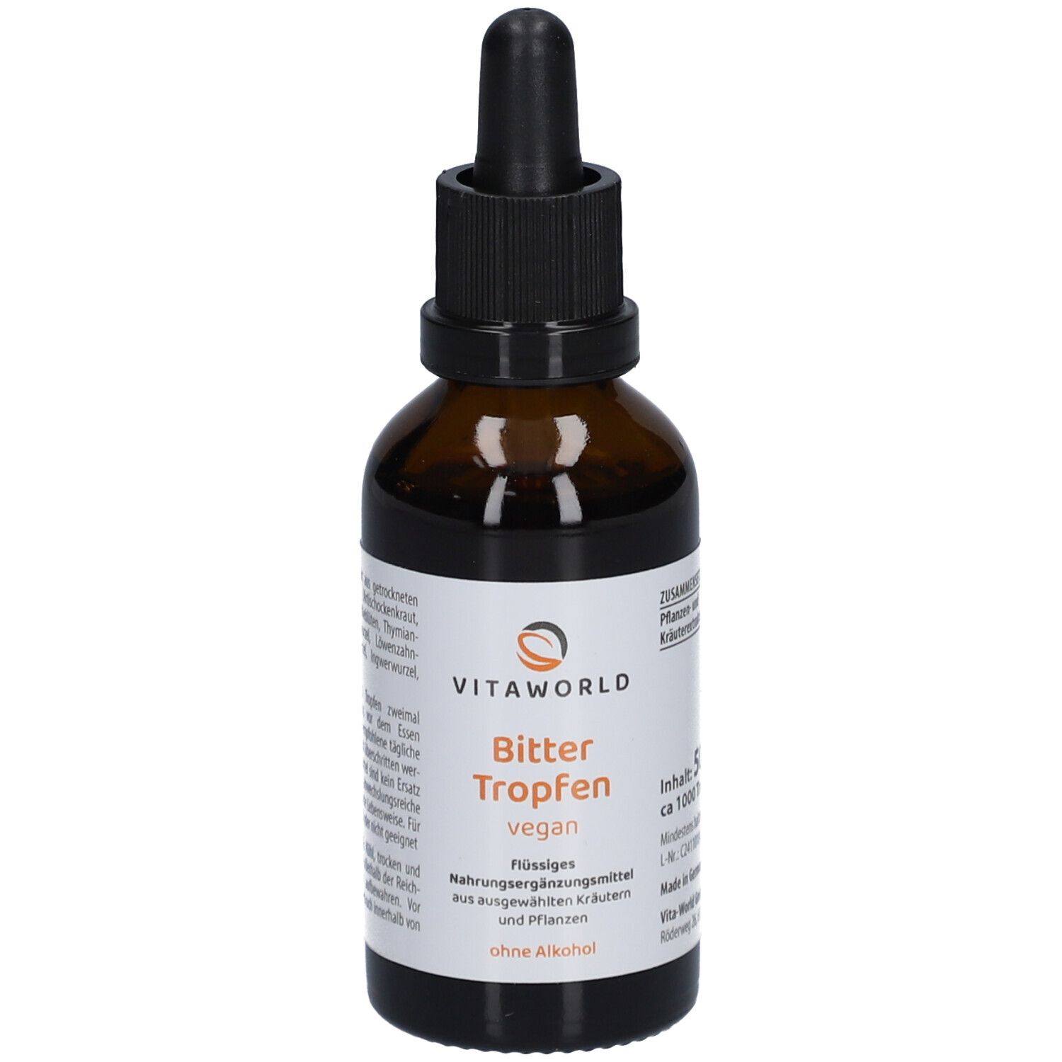 Braune Glasflasche mit schwarzem Tropfer. Aufkleber mit Produktinformationen. Vita World Bitter Tropfen vegan ohne Alkohol.