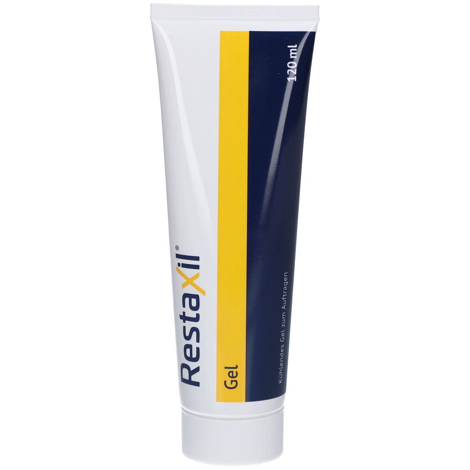 Tube mit Restaxil Gel. Weiß, gelb und blau. Aufschrift: Restaxil Gel, 120 ml.