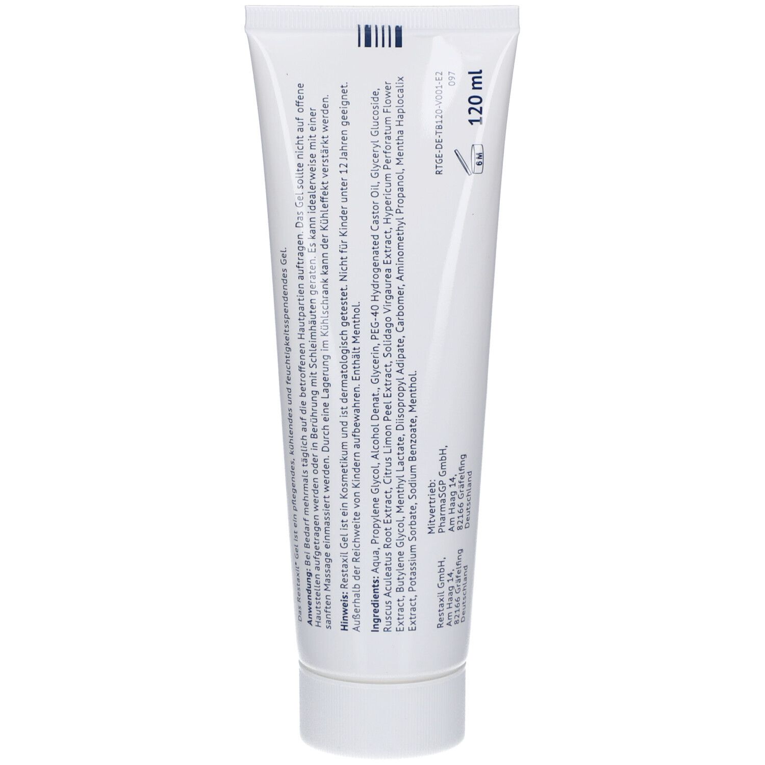 Rückseite der Tube Restaxil Gel. Enthält Inhaltsstoffe und Informationen. 120 ml.