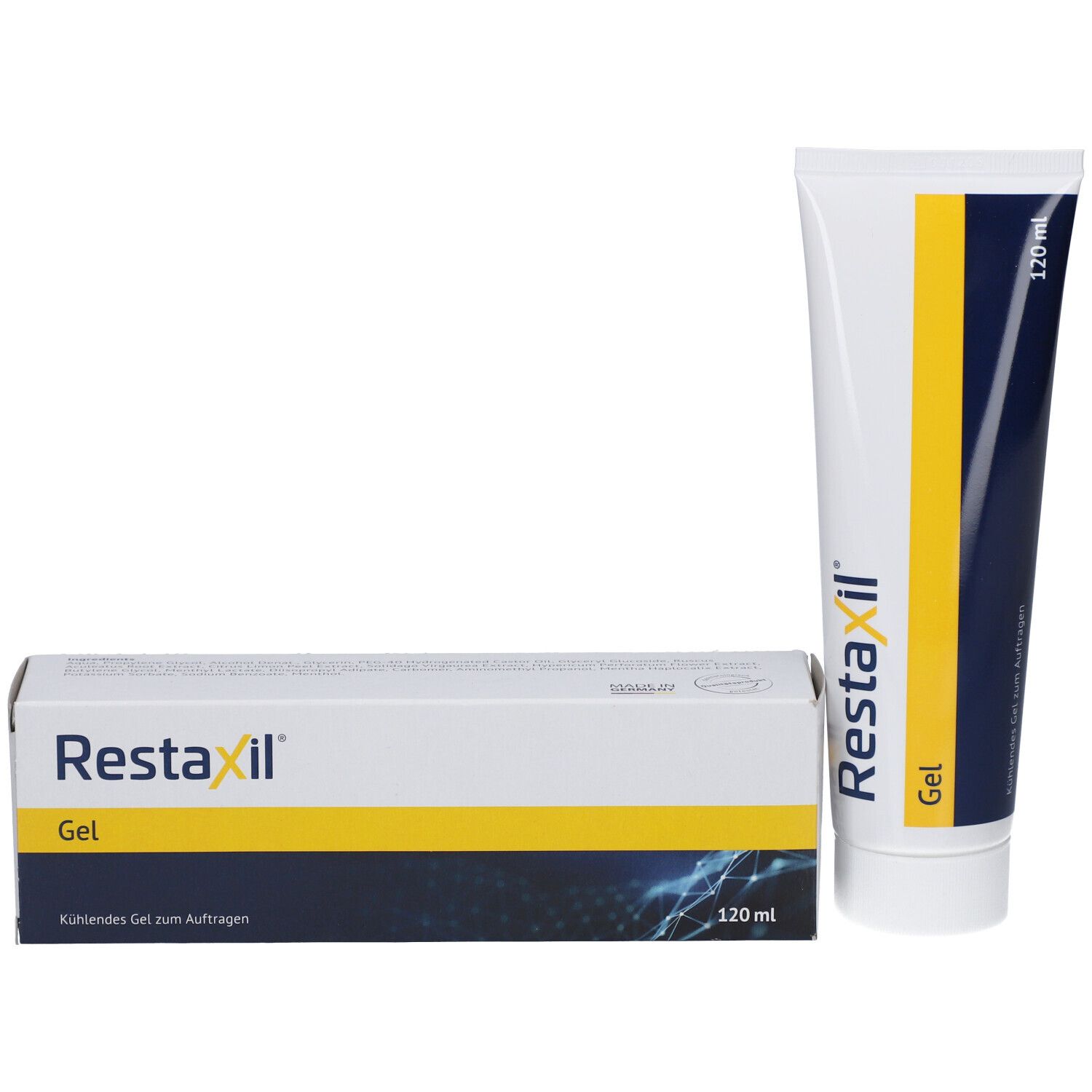 Restaxil Gel Tube und Schachtel. Weiß, gelb und blau. Aufschrift: Restaxil Gel, 120 ml.