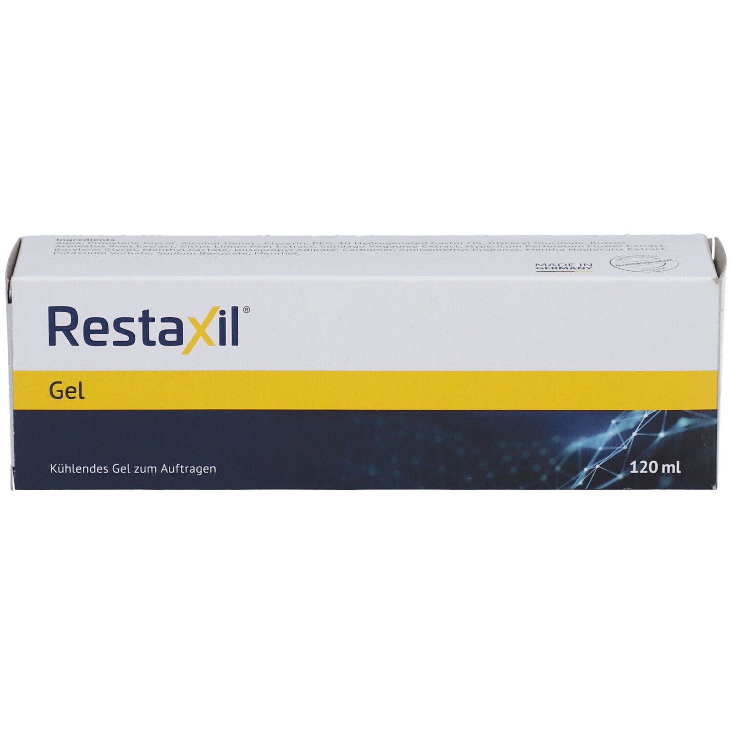 Schachtel Restaxil Gel. Weiß, gelb und blau. Aufschrift: Restaxil Gel, 120 ml.