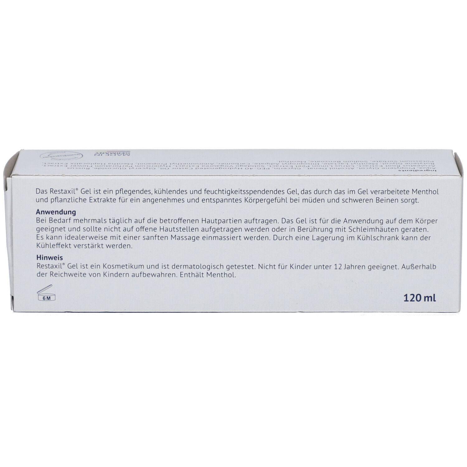 Rückseite der Schachtel Restaxil Gel. Enthält Anwendungshinweise und Inhaltsstoffe. 120 ml.