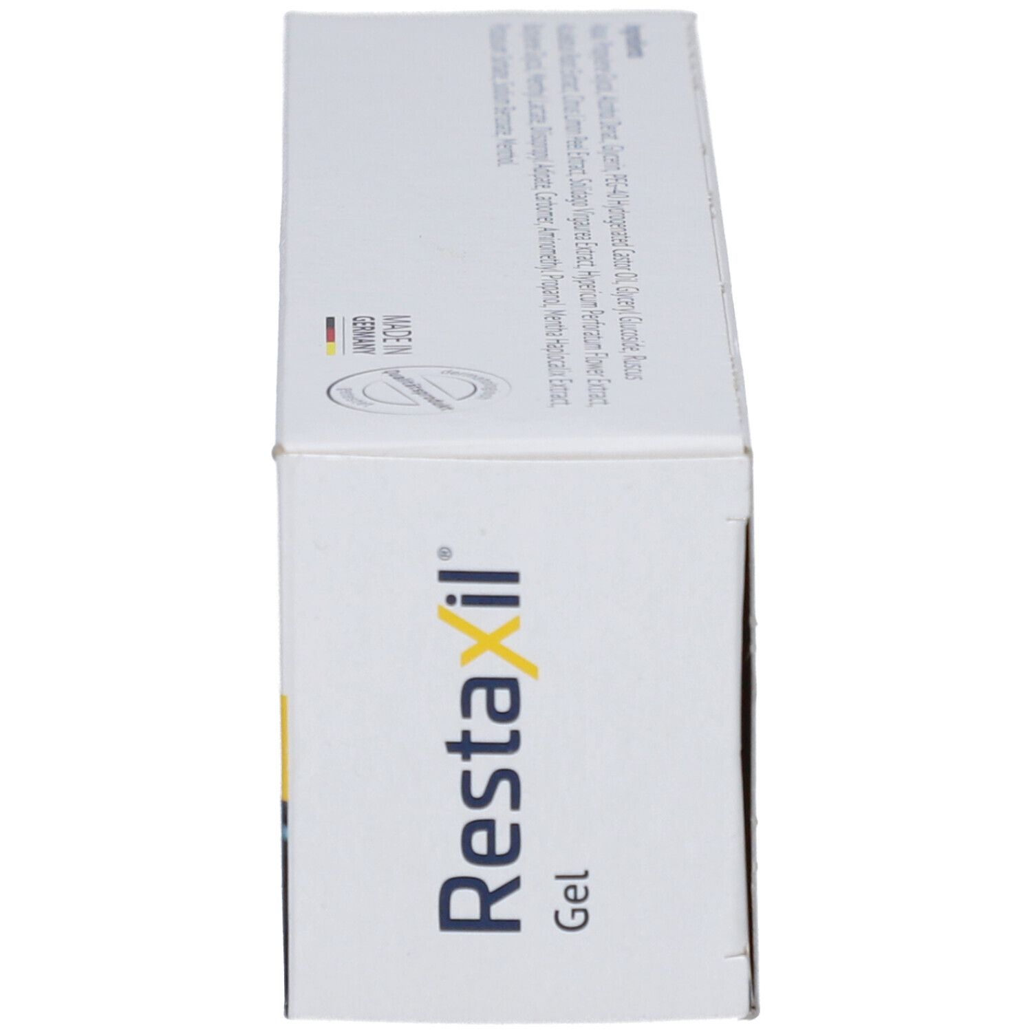 Seitenansicht der Schachtel Restaxil Gel. Aufschrift: Restaxil Gel.