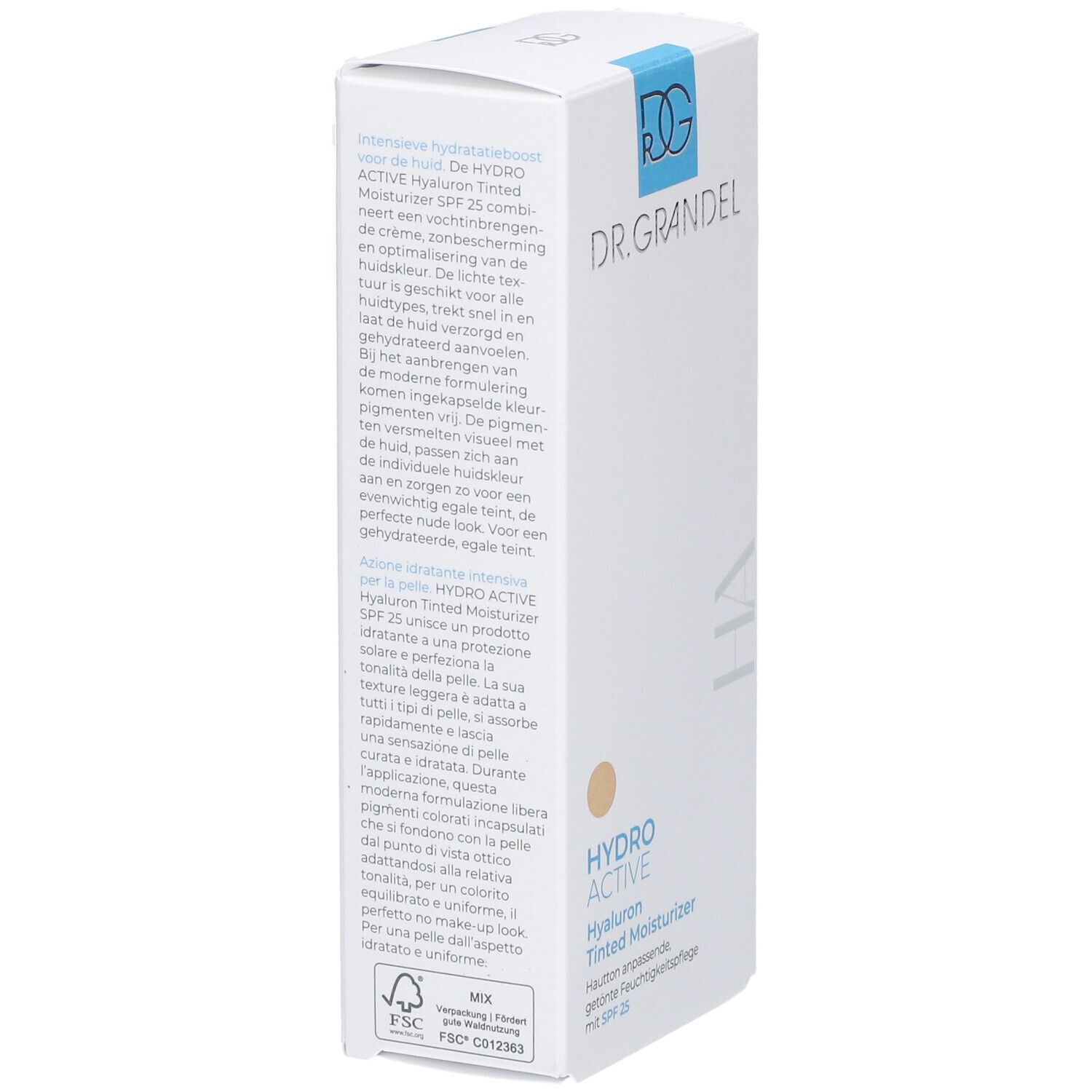 Weiße Faltschachtel, Seitenansicht. Logo DR. GRANDEL. Text: HYDRO ACTIVE Hyaluron Tinted Moisturizer SPF 25. FSC-Zertifizierung.