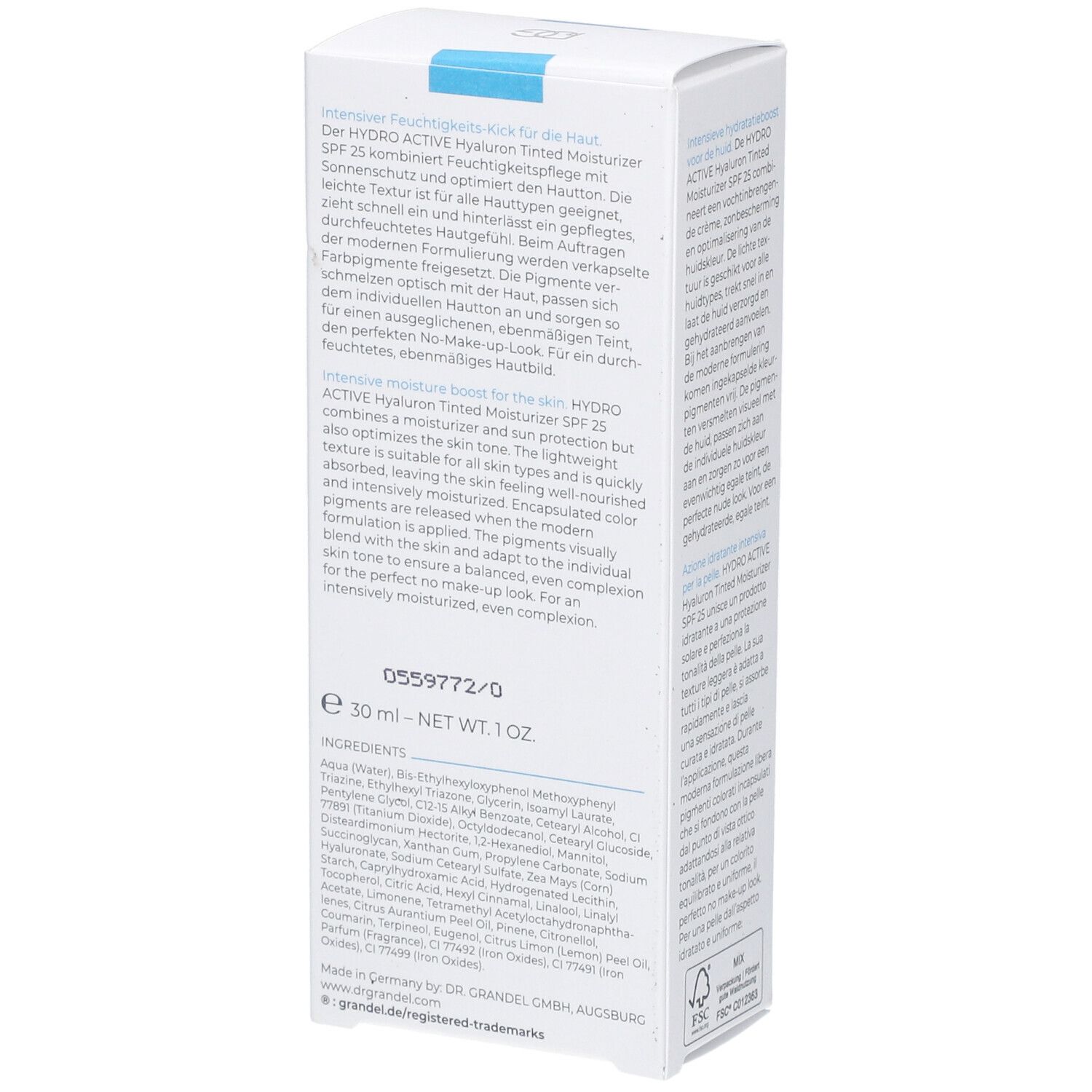 Weiße Faltschachtel, Detailansicht. Text: HYDRO ACTIVE Hyaluron Tinted Moisturizer SPF 25. Volumen: 30 ml. Herstellerinformationen.