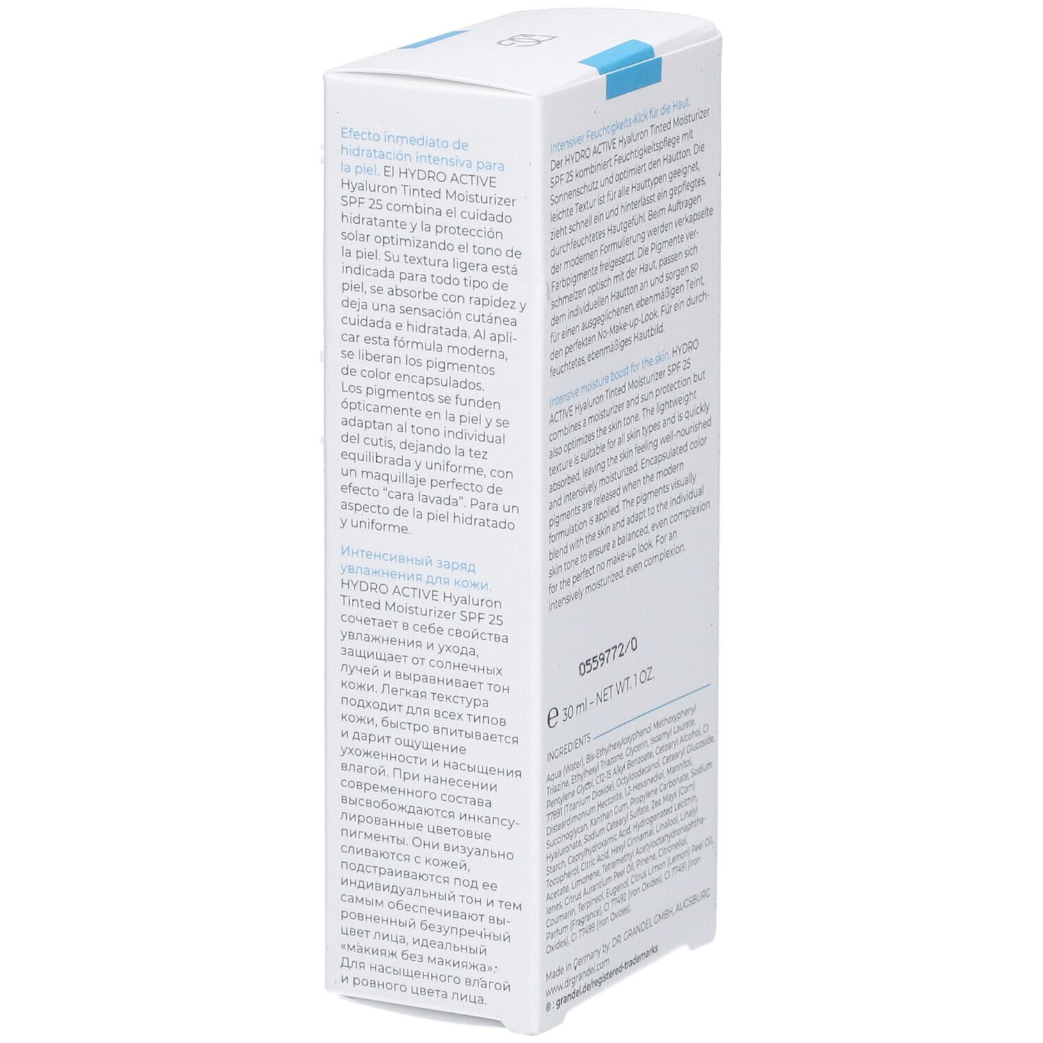 Weiße Faltschachtel, Detailansicht. Text: HYDRO ACTIVE Hyaluron Tinted Moisturizer SPF 25. Herstellerinformationen. EAN-Code.
