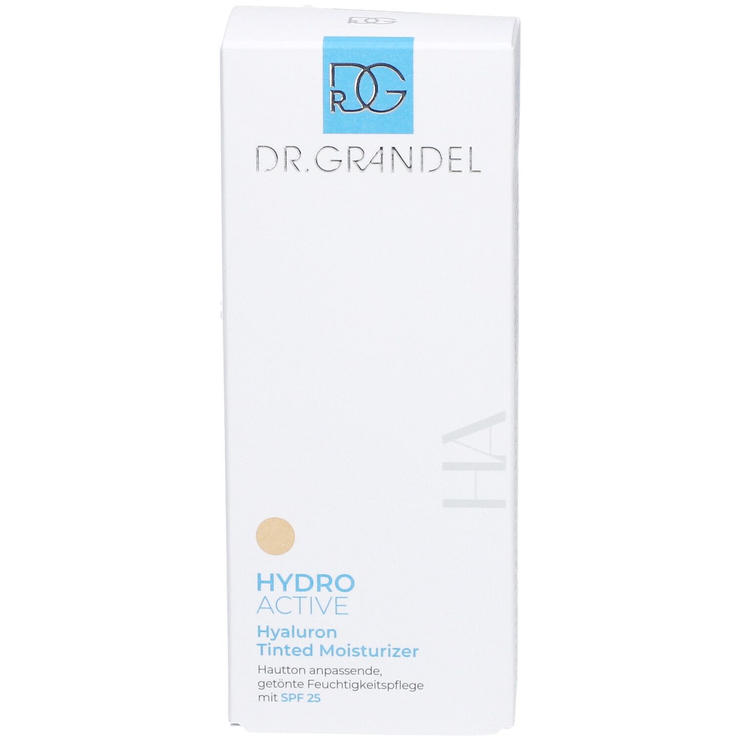 Weiße Faltschachtel mit Logo DR. GRANDEL. Aufschrift: HYDRO ACTIVE Hyaluron Tinted Moisturizer mit SPF 25. Farbton.