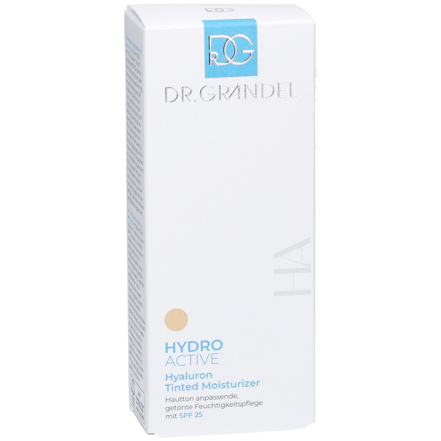 Weiße Faltschachtel mit Logo DR. GRANDEL. Aufschrift: HYDRO ACTIVE Hyaluron Tinted Moisturizer mit SPF 25. Farbton.