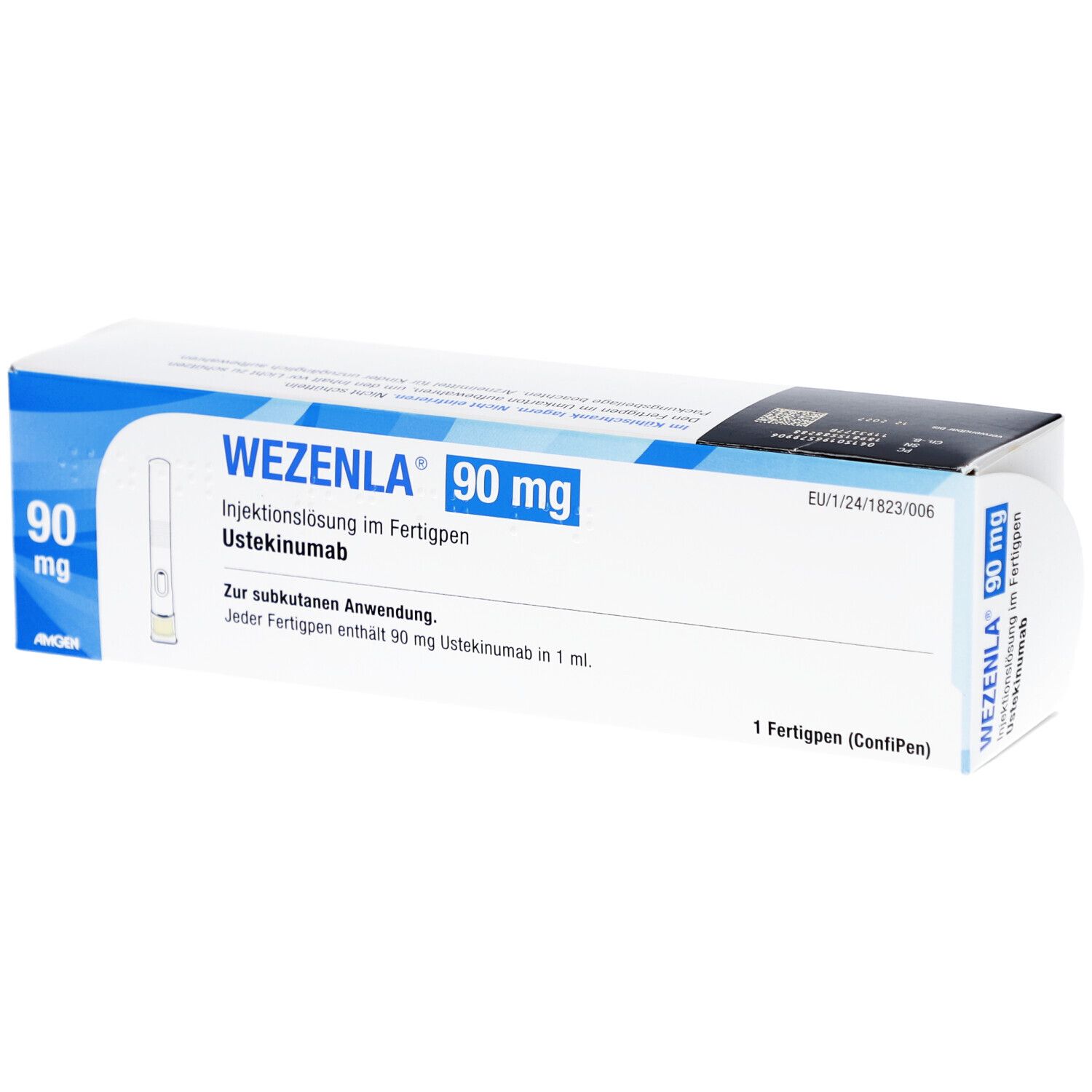 Schachtel mit WEZENLA 90 mg Injektionslösung im Fertigpen. Blaue und weiße Verpackung mit Produktinformationen und Logo.