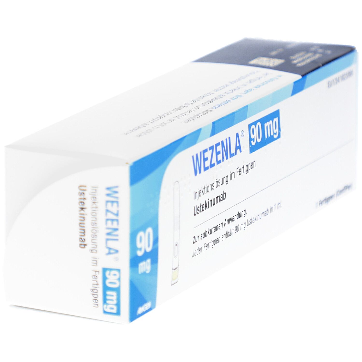 Schachtel WEZENLA 90 mg Injektionslösung im Fertigpen. Weiße Schachtel mit blauen Akzenten und Produktinformationen.