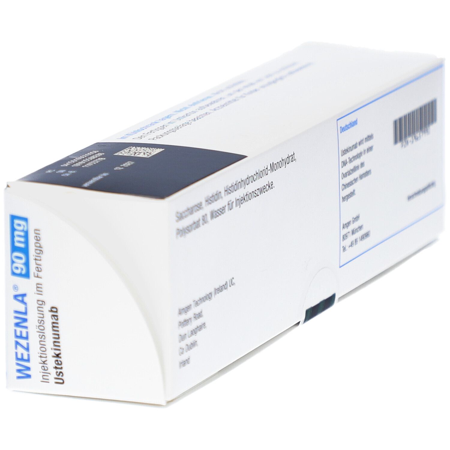 Schachtel WEZENLA 90 mg. Weiße Schachtel mit blauen Akzenten und Produktinformationen, einschließlich Herstelleradresse.