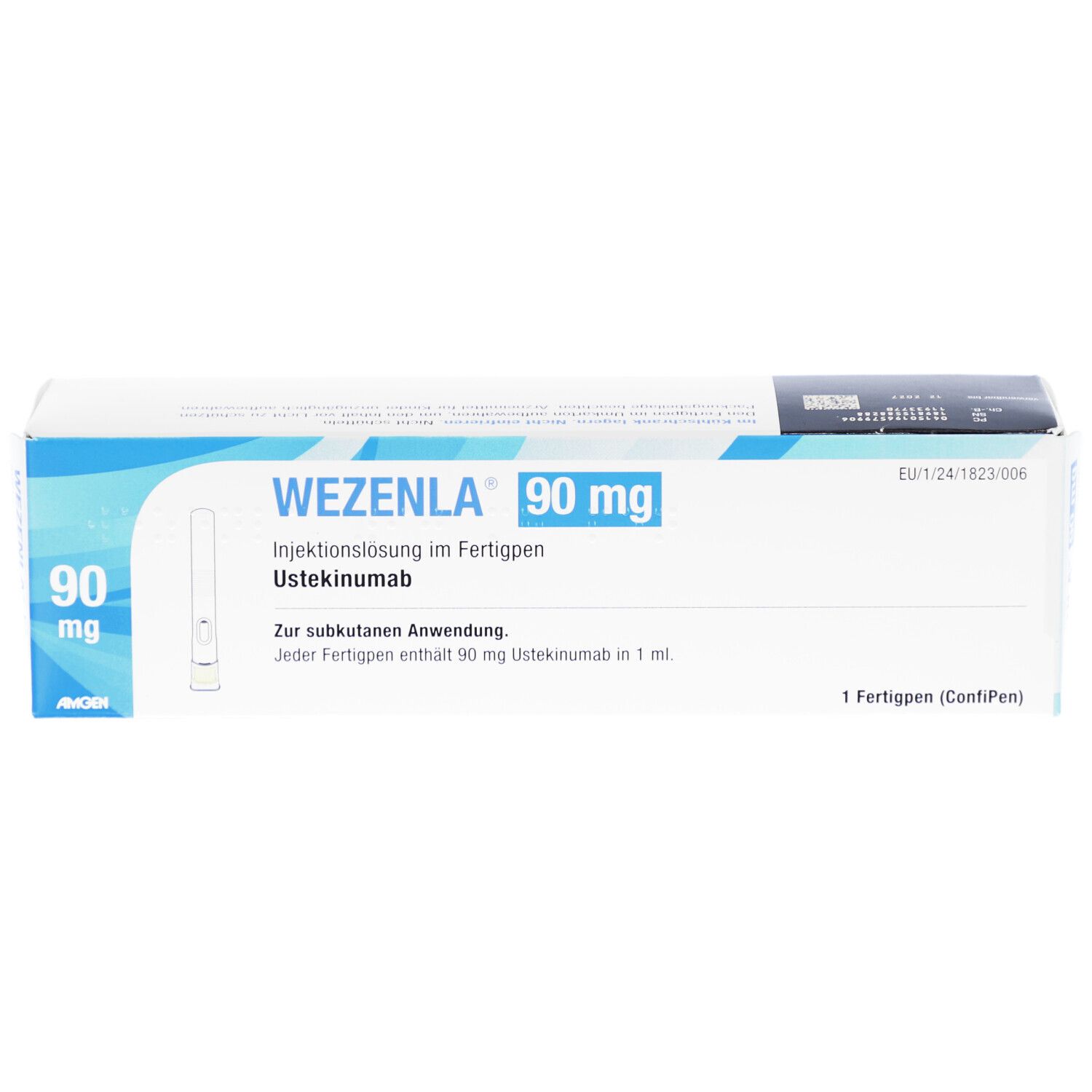WEZENLA 90 mg Injektionslösung im Fertigpen. Weiße Schachtel mit blauen Akzenten und Produktinformationen.