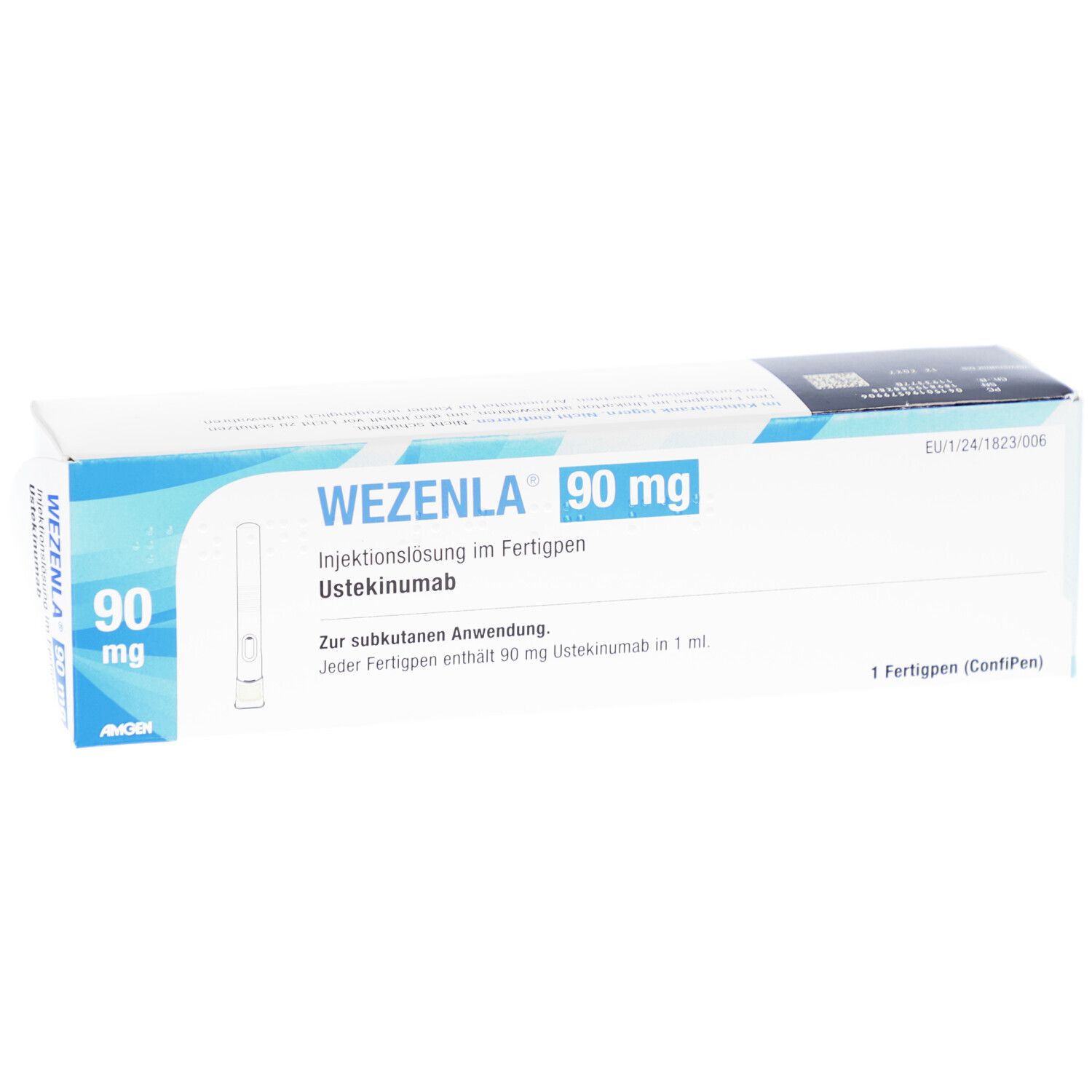 WEZENLA 90 mg Injektionslösung im Fertigpen. Weiße Schachtel mit blauen Akzenten und Produktinformationen.
