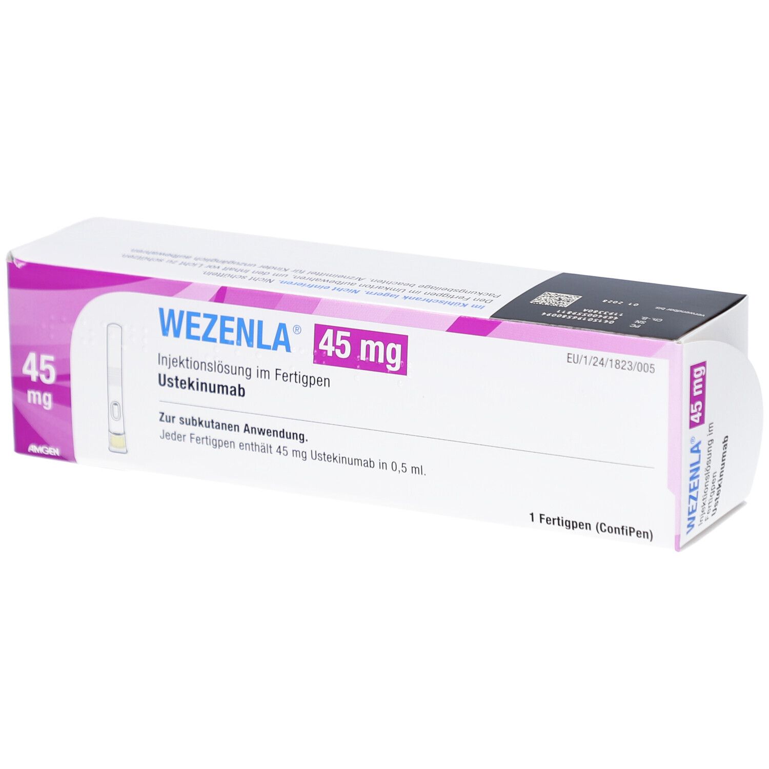 Verpackung von WEZENLA 45 mg Injektionslösung. Aufschrift: 45 mg, Injektionslösung im Fertigpen, Ustekinumab. Enthält 1 Fertigpen.