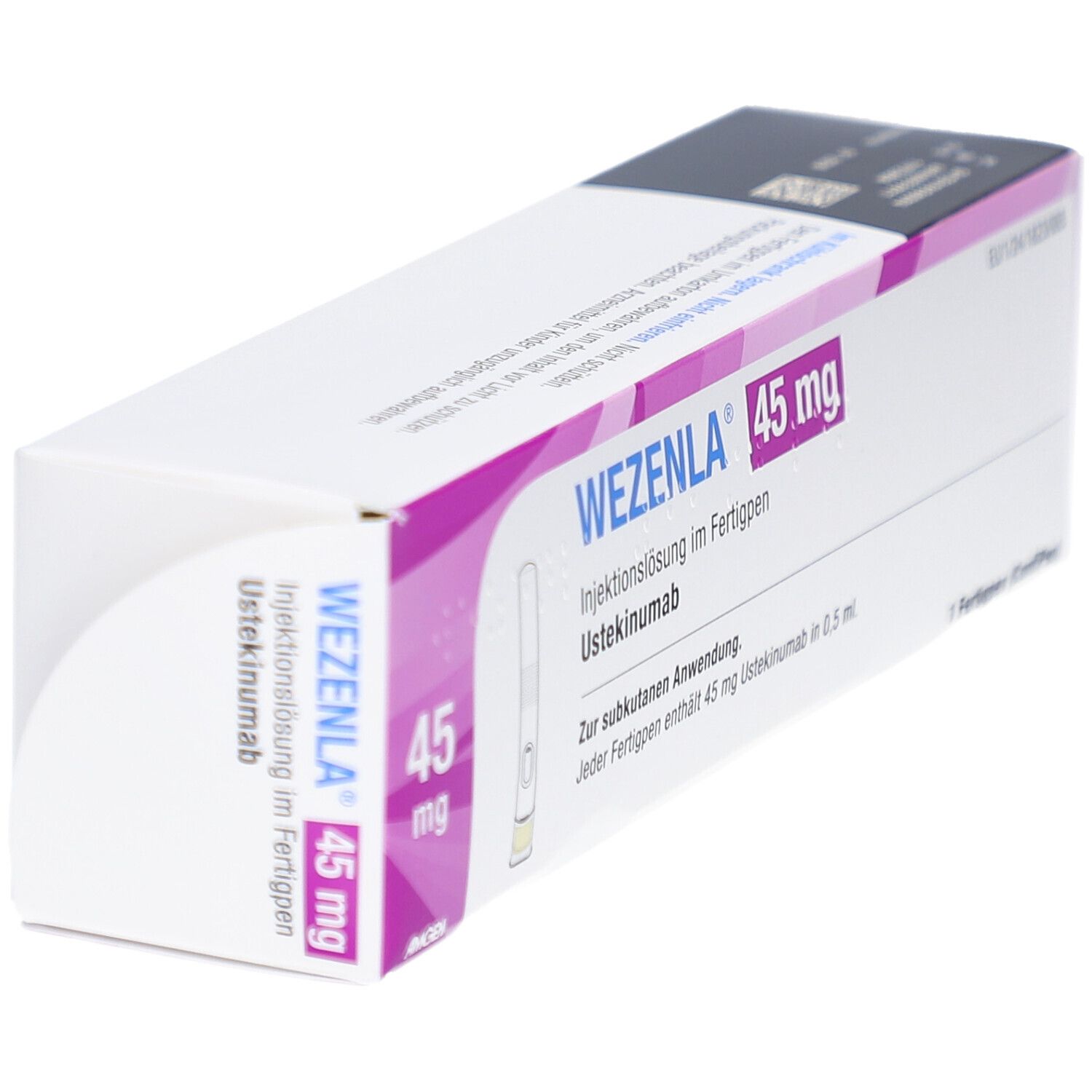 Verpackung von WEZENLA 45 mg Injektionslösung. Aufschrift: 45 mg, Injektionslösung im Fertigpen, Ustekinumab. Weiß, lila Akzente.