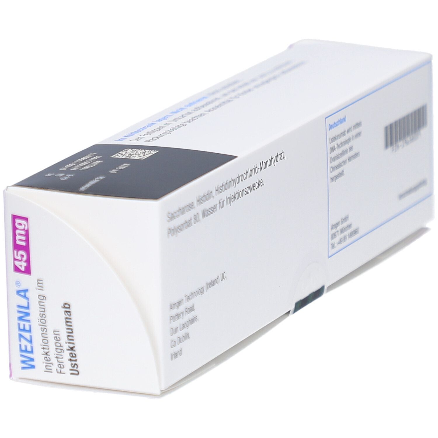 Verpackung von WEZENLA 45 mg Injektionslösung. Aufschrift: 45 mg, Injektionslösung im Fertigpen, Ustekinumab. Weiß, lila Akzente.