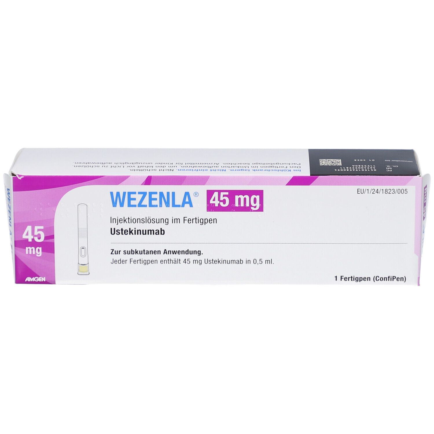 Verpackung von WEZENLA 45 mg Injektionslösung. Aufschrift: 45 mg, Injektionslösung im Fertigpen, Ustekinumab. Enthält 1 Fertigpen.
