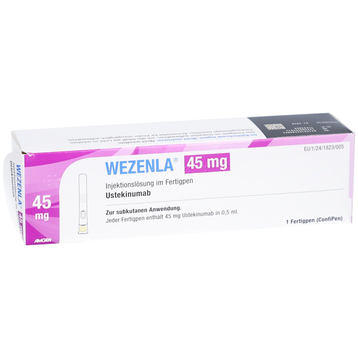 Verpackung von WEZENLA 45 mg Injektionslösung. Aufschrift: 45 mg, Injektionslösung im Fertigpen, Ustekinumab. Enthält 1 Fertigpen.