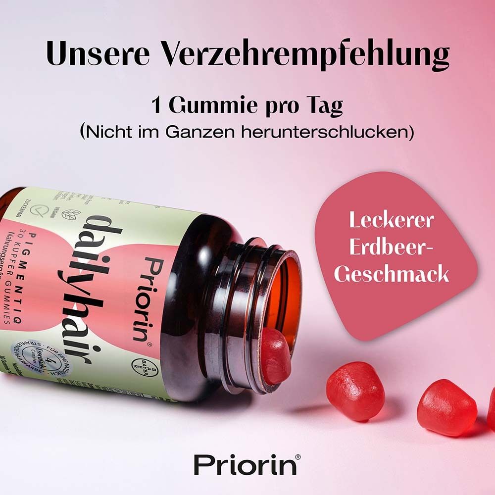 Flasche Priorin dailyhair mit Gummibärchen. Text: 1 Gummie pro Tag. Erdbeer-Geschmack.