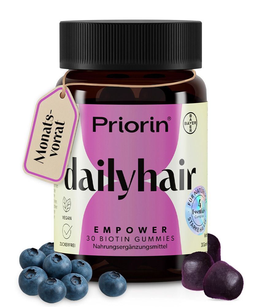 Braune Flasche mit schwarzem Deckel. Aufschrift Priorin dailyhair EMPOWER, 30 Biotin Gummies. Vegan, zuckerfrei.