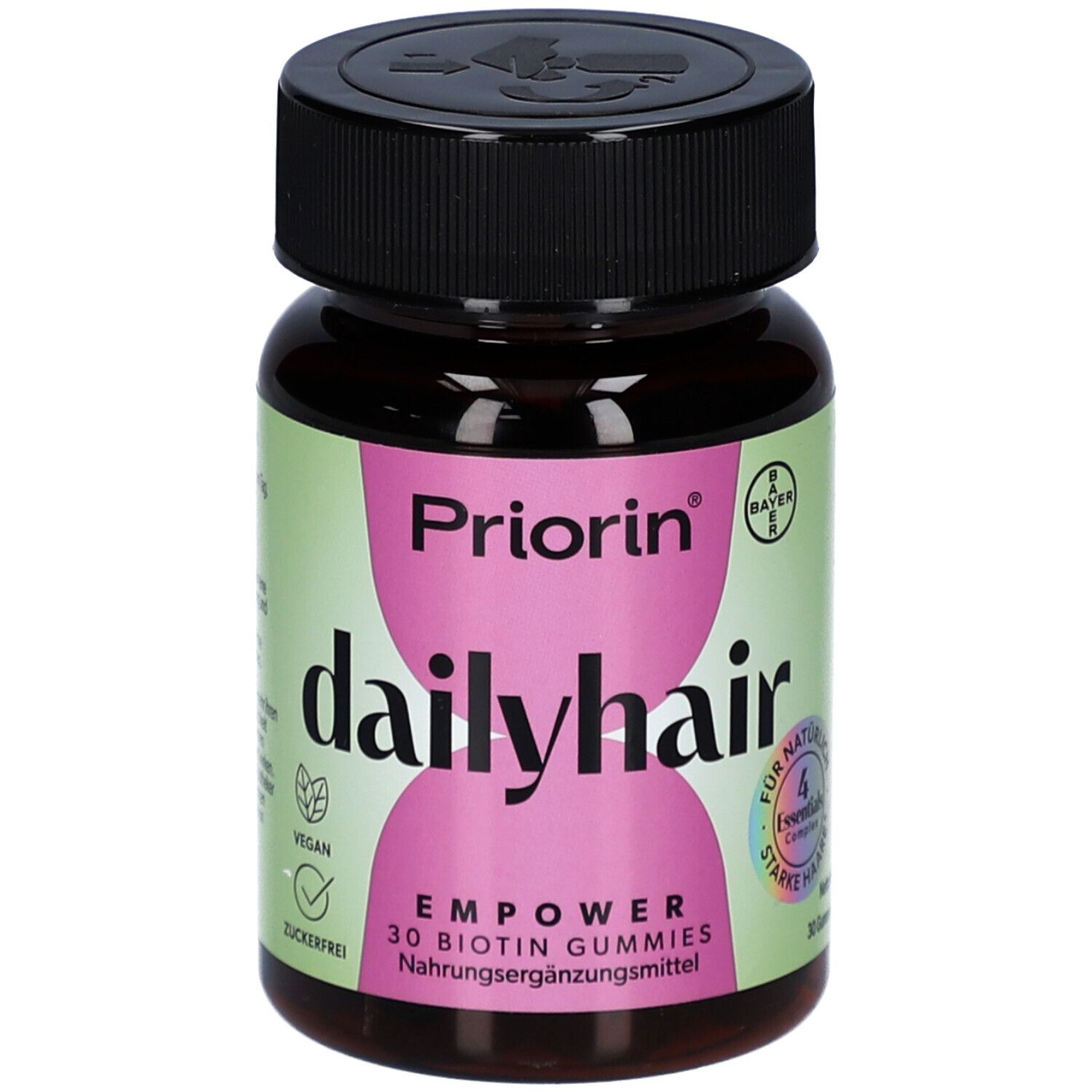 Braune Flasche mit schwarzen Deckel. Aufkleber mit "Priorin dailyhair EMPOWER Gummies". Vegan-Siegel.