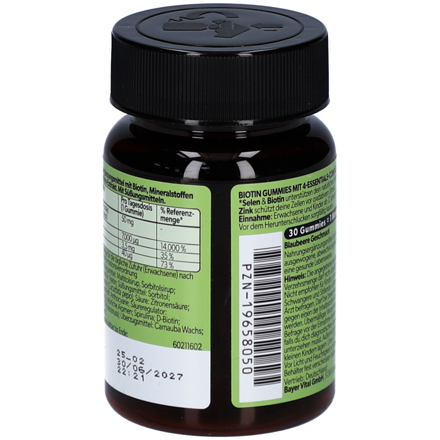 Braune Flasche mit schwarzem Deckel. Aufkleber mit Nährwertangaben und Inhaltsstoffen. PZN-Code.
