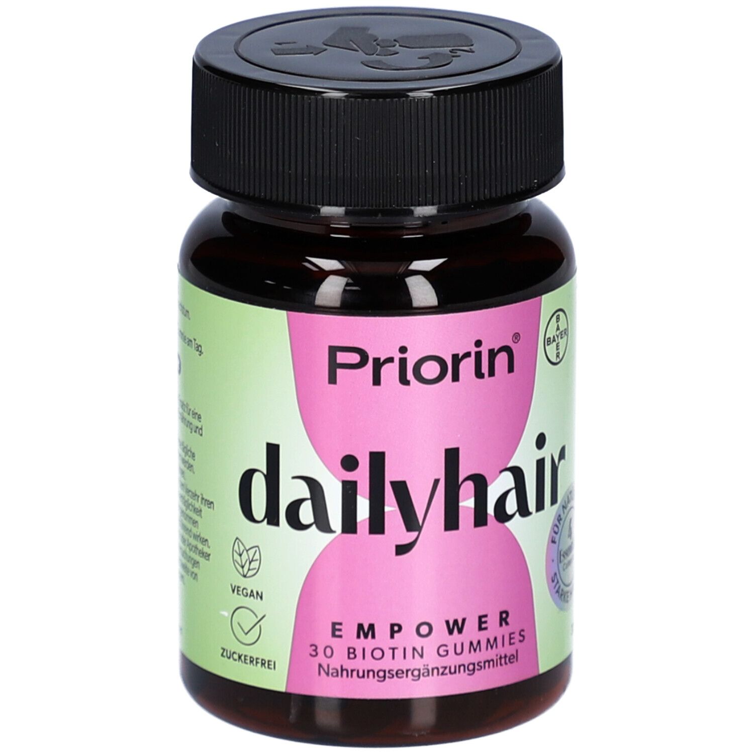 Braune Flasche mit schwarzem Deckel. Aufkleber mit "Priorin dailyhair EMPOWER Gummies". Vegan-Siegel.