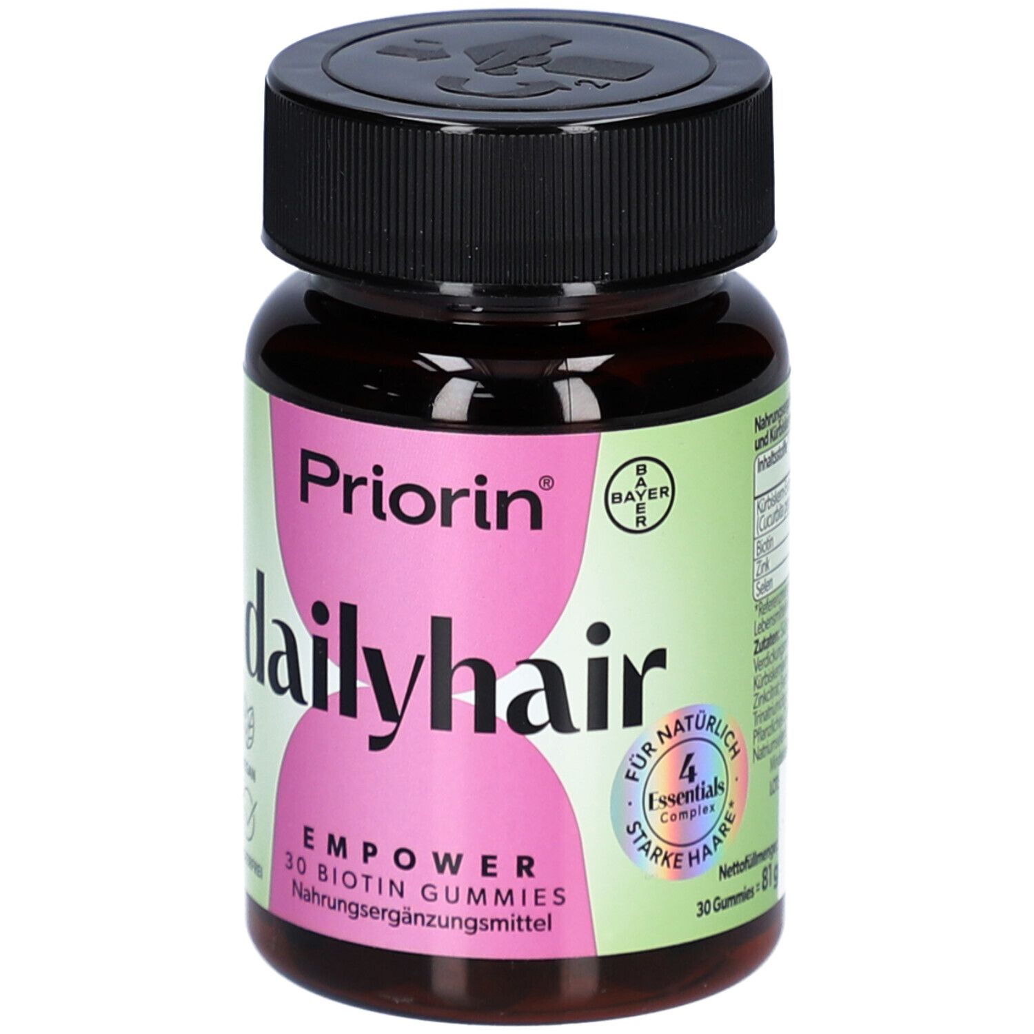 Braune Flasche mit schwarzem Deckel. Aufkleber mit "Priorin dailyhair EMPOWER Gummies". 30 Gummies.