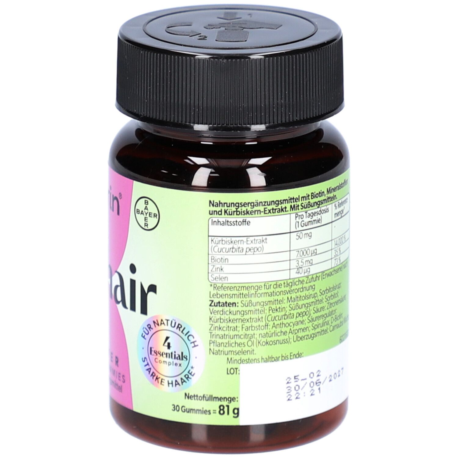 Braune Flasche mit schwarzem Deckel. Aufkleber mit Inhaltsstoffen und Nährwertangaben. 30 Gummies.