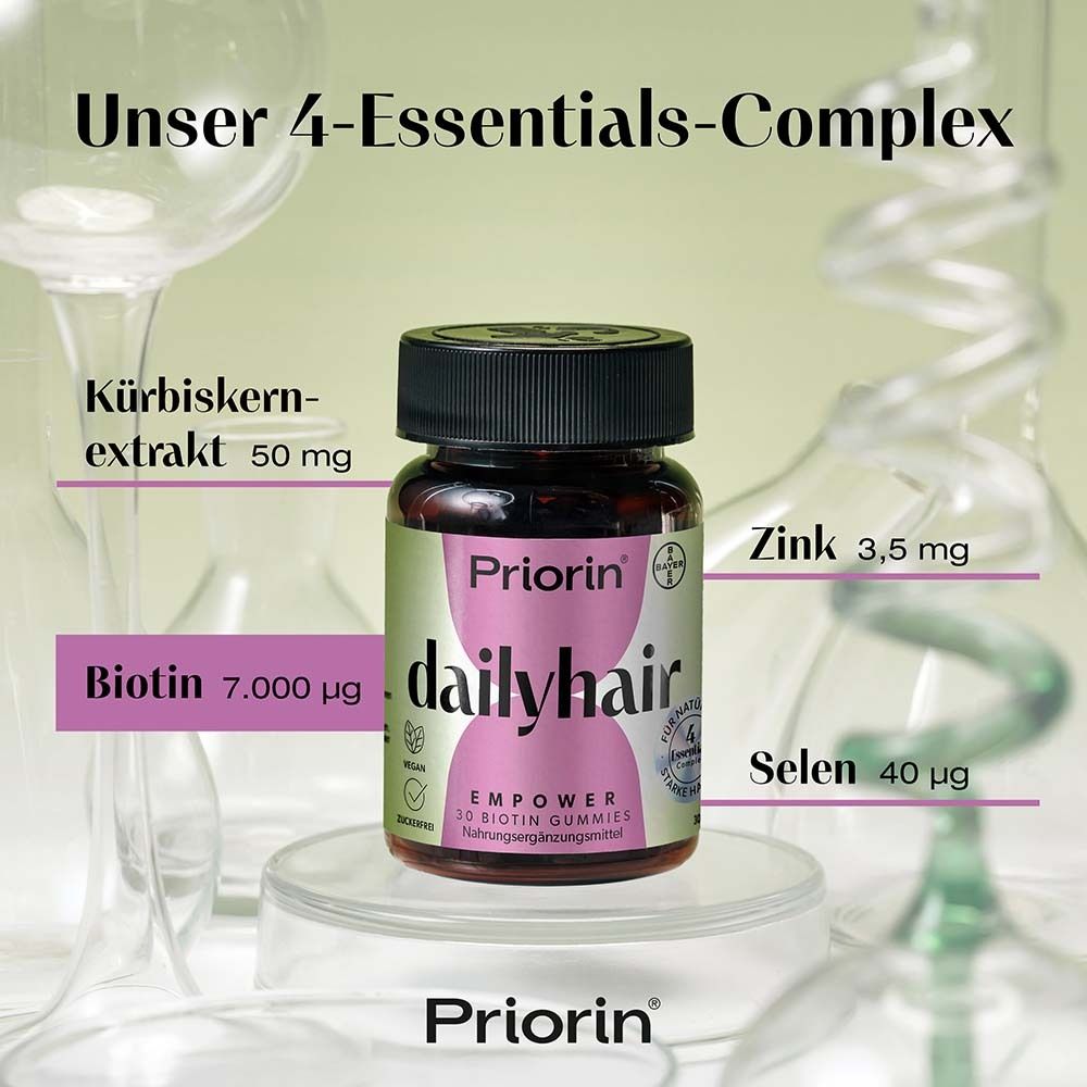 Flasche Priorin dailyhair mit Inhaltsstoffen: Kürbiskernextrakt, Zink, Selen, Biotin. Hintergrund: Laborutensilien.