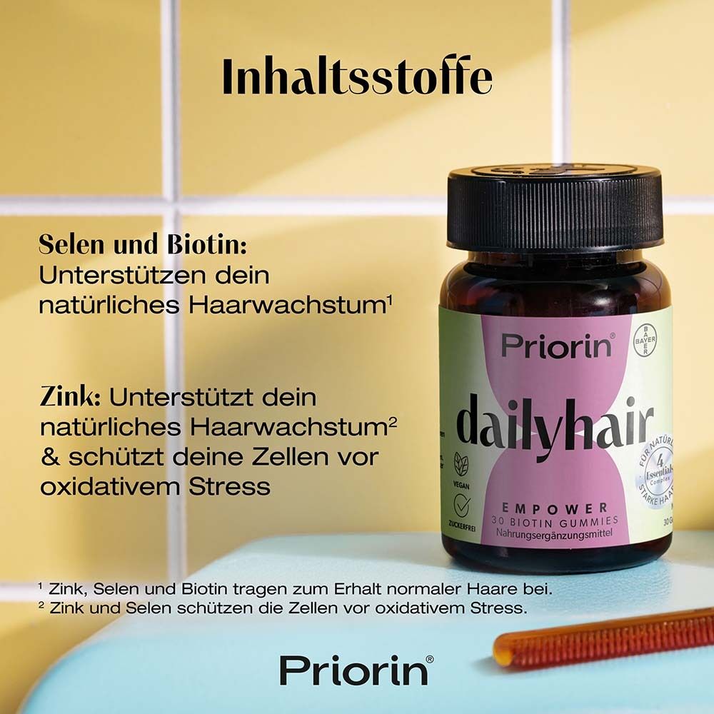 Flasche Priorin dailyhair vor gelbem Hintergrund. Text: Selen und Biotin unterstützen Haarwachstum. Zink schützt Zellen.