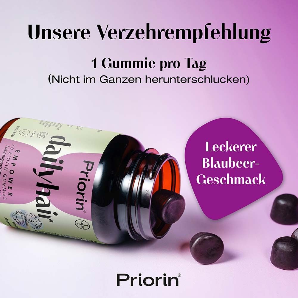 Flasche Priorin dailyhair, blaue Gummibärchen daneben. Text: 1 Gummie pro Tag. Leckerer Blaubeer-Geschmack.