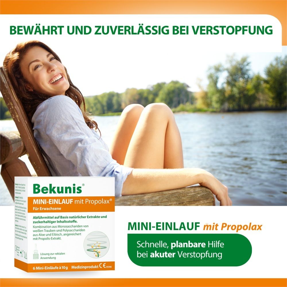Bekunis MINI-EINLAUF mit Propolax® Packung neben lächelnder Frau im Freien. Schnelle Hilfe bei Verstopfung.