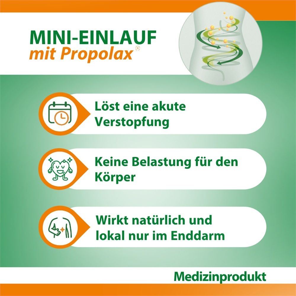 Bekunis MINI-EINLAUF mit Propolax®: Löst akute Verstopfung, schont den Körper, wirkt lokal.